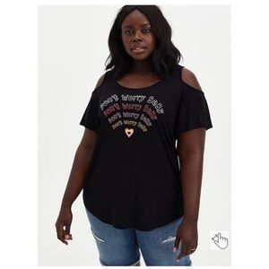 NEW Torrid 5 Super Soft Don’t Worry Black Cold Shoulder Tee